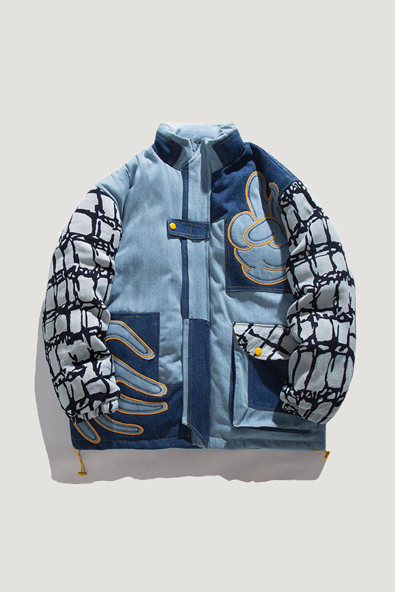 Denim Stitching Embroidered Stand-up Collar Cotton Coat