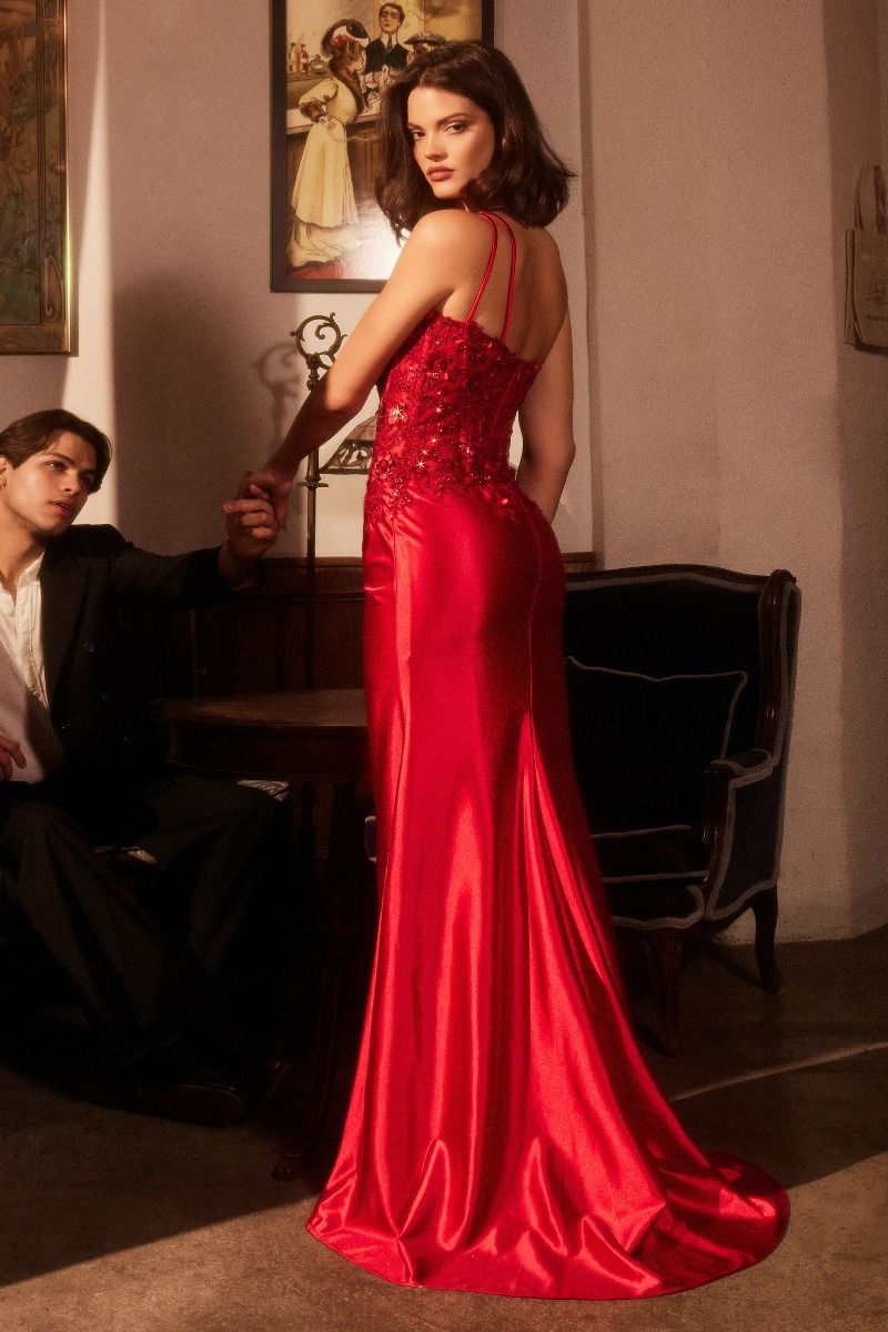 One Shoulder Satin Dress With Lace Applique-3