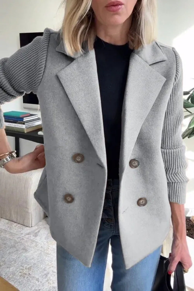 Double Breasted Lapel Jacket Fashion Knitted Sleeves Splicing Design Coat Outerwear Women's Clothing LadyShow.Store