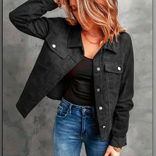 Women's Corduroy Long Sleeve Jacket - Casual Button-Up Coat With Flap Pockets LadyShow.Store