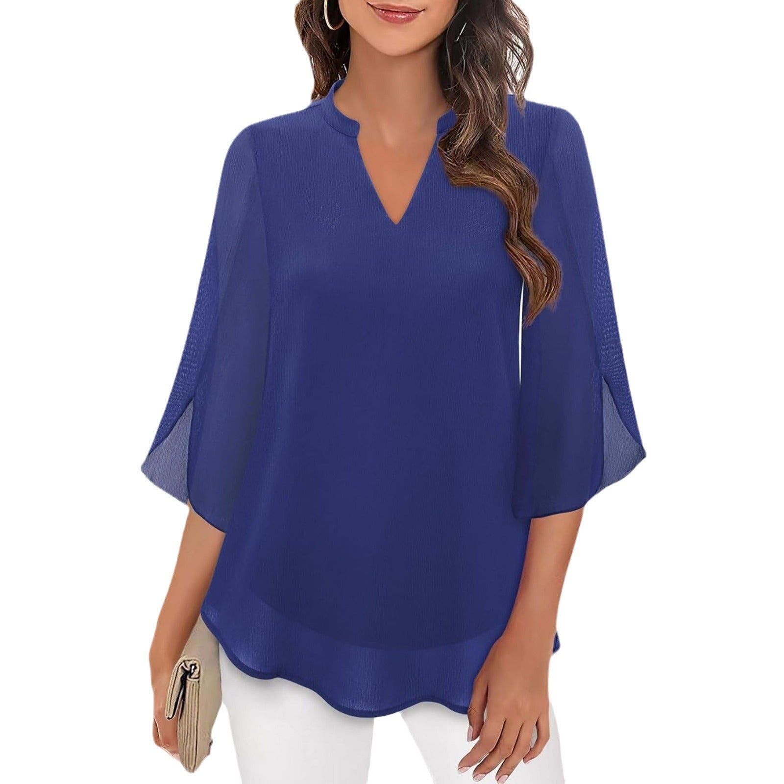 Women's Petal Sleeve Top Loose V-neck Chiffon Shirt LadyShow.Store