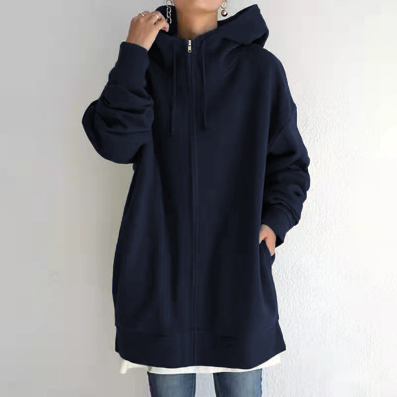 Zipper Hooded Long Plus Fleece Sweatshirt LadyShow.Store