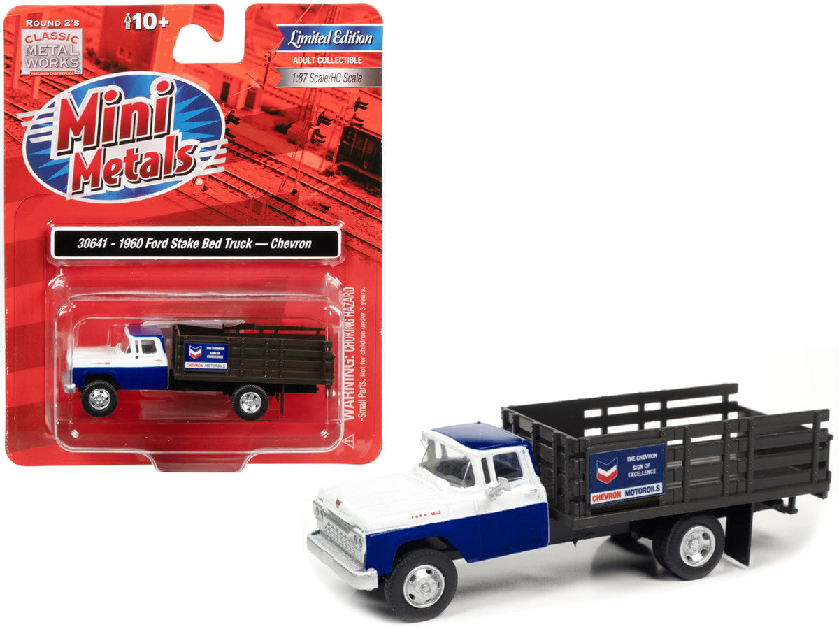 1960 Ford Stake Bed Truck "Chevron" Blue and White 1/87 (HO) Scale Model Car by Classic Metal Works-0