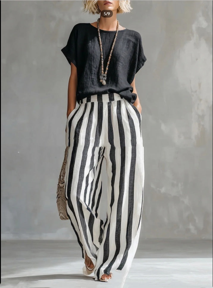 Short-sleeved Trousers Suit Summer Fashion Round Neck Pullover T-Shirt And Striped Print Straight Leg Pants Two-Piece Clothing For Women LadyShow.Store