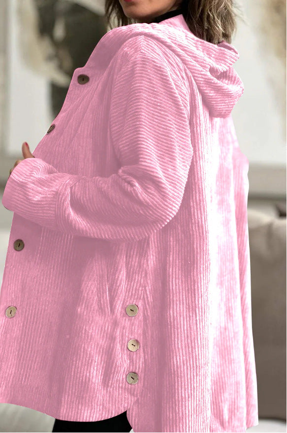 Women's Corduroy Hooded Jacket Fashion Warm Pockets Button Mid-length Top Casual Fall Winter Outwear Clothing Accent Plus