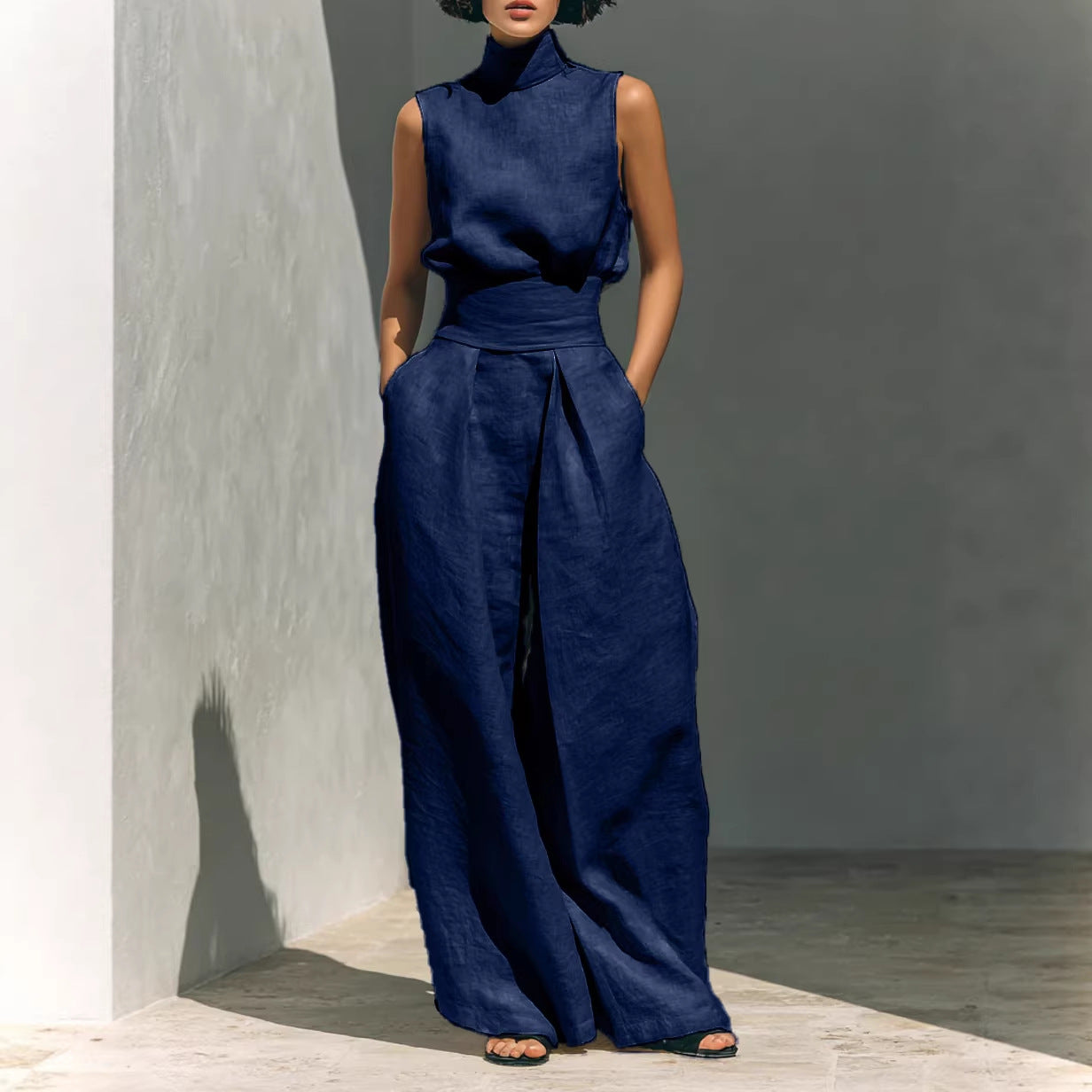 Casual Sleeveless Suit Summer Stand-up Collar Pullover Top And Loose Straight-leg Trousers Women's Clothing LadyShow.Store