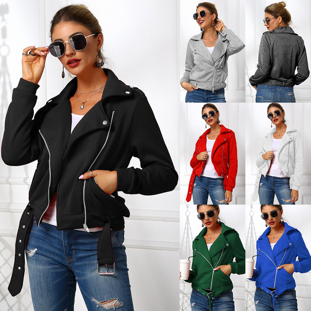Women's Jacket Oblique Zipper Motorcycle Clothing Hoodie LadyShow.Store