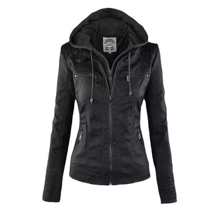 Women's Detachable Lapel Long Sleeve Solid Color Zipper Leather Jacket Coat LadyShow.Store