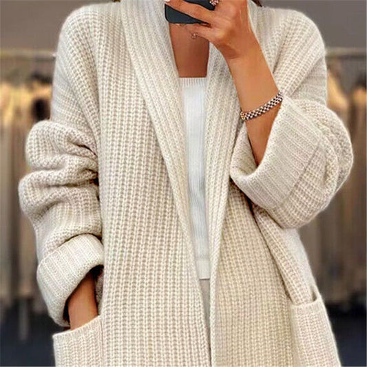 Lapel Knitted Cardigan With Pockets Fashion Casual Loose Sweater Jacket Fall Spring Women's Clothing LadyShow.Store
