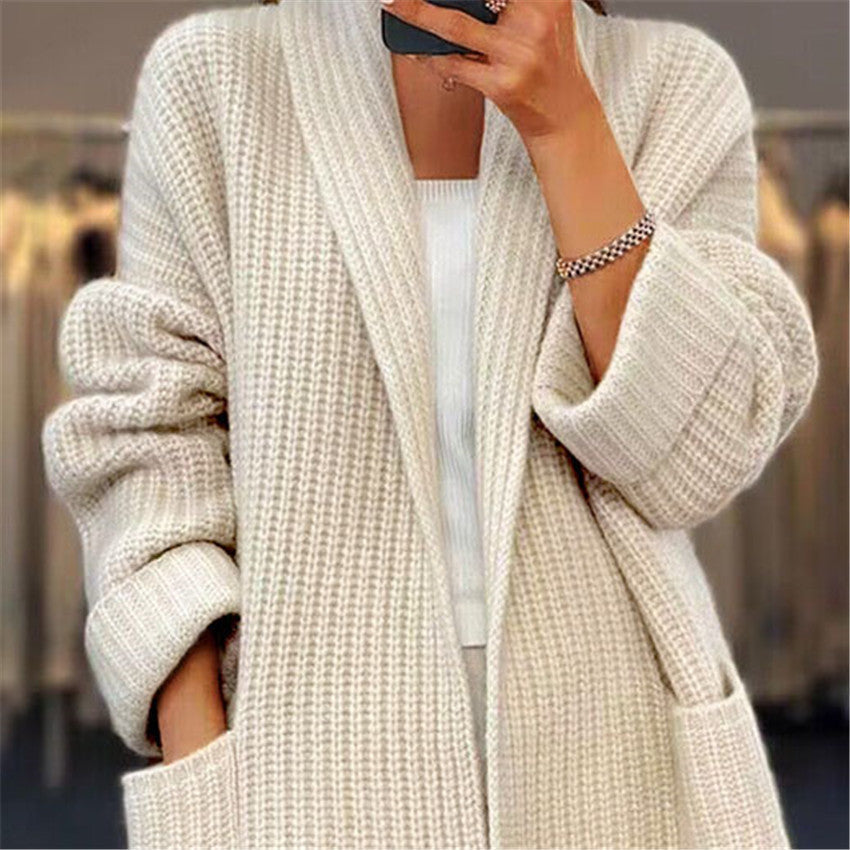 Lapel Knitted Cardigan With Pockets Fashion Casual Loose Sweater Jacket Fall Spring Women's Clothing LadyShow.Store