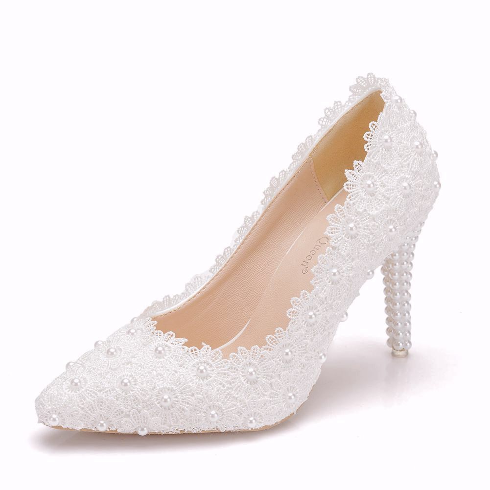 Pearl Lace Large Size Wedding Shoes Stiletto Single Shoes Women LadyShow.Store