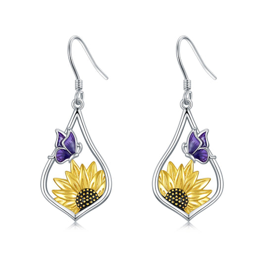 Sterling Silver Sunflower Dangle Earrings with Purple Butterfly Gift for Women LadyShow.Store