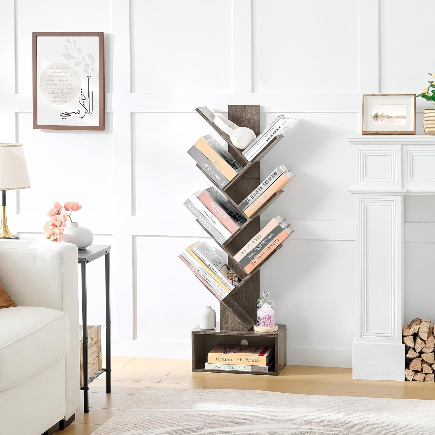 6 Tier Tree Bookshelf Bookcase With Drawer Grey Office ShipItFurniture