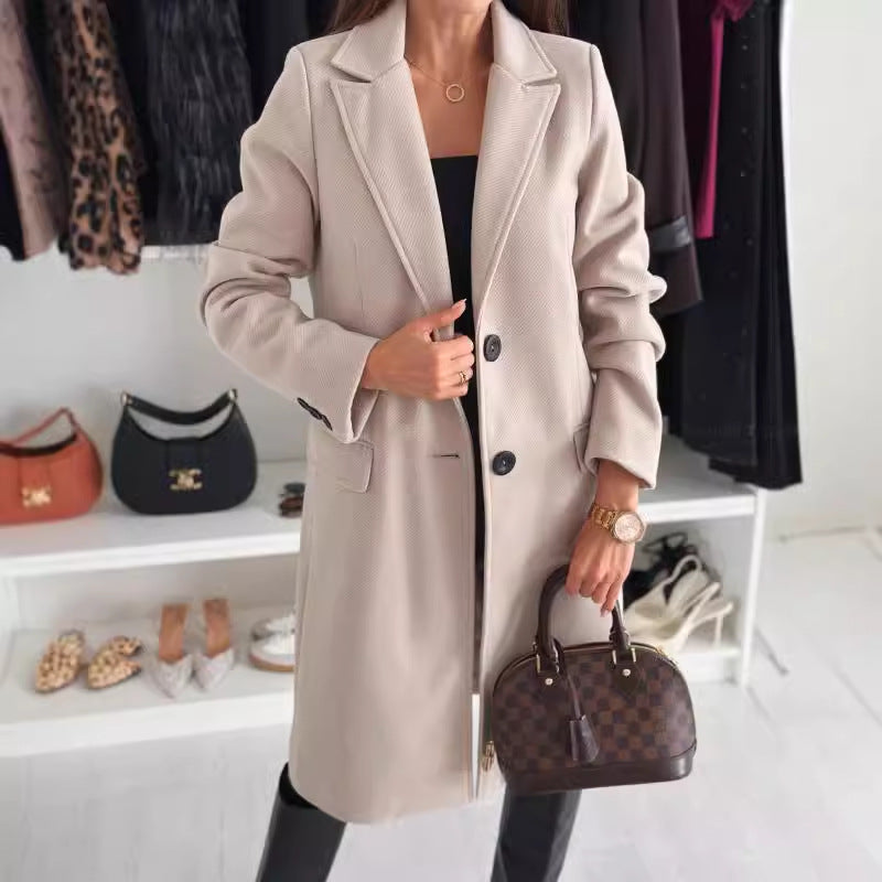 Lapel Single-breasted Wool Coat Winter Long Sleeve Solid Color Long Jacket Women Clothing LadyShow.Store