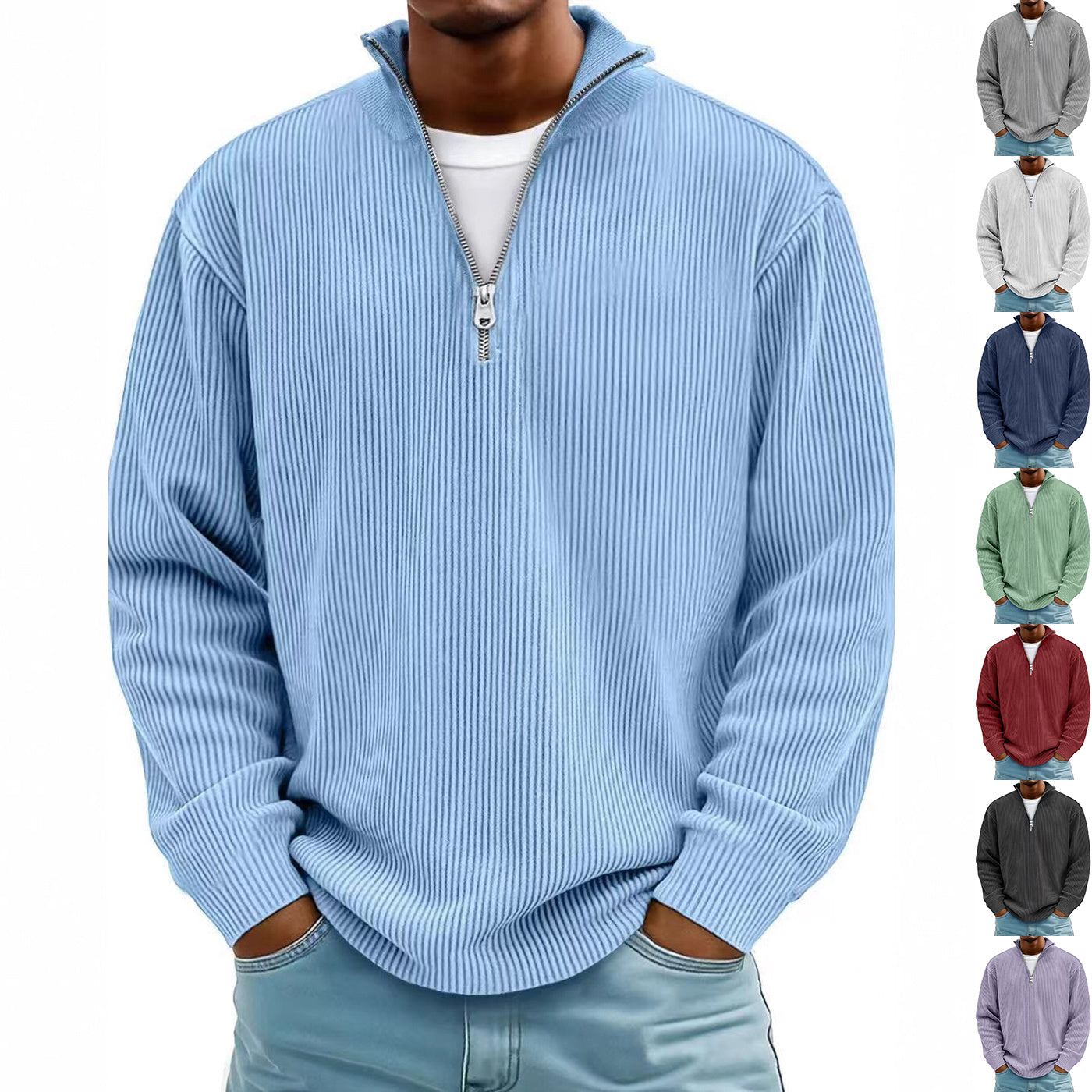 Corduroy Zipper Stand Collar Sweatshirt Fashion Warm Solid Color Long Sleeve Top Men's Casual Polo Shirt Clothing Best YouTube Store