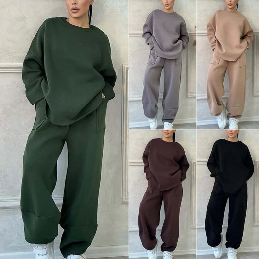 Women's Autumn And Winter Casual Loose Round Neck Long-sleeved Sweater Trousers Suit LadyShow.Store
