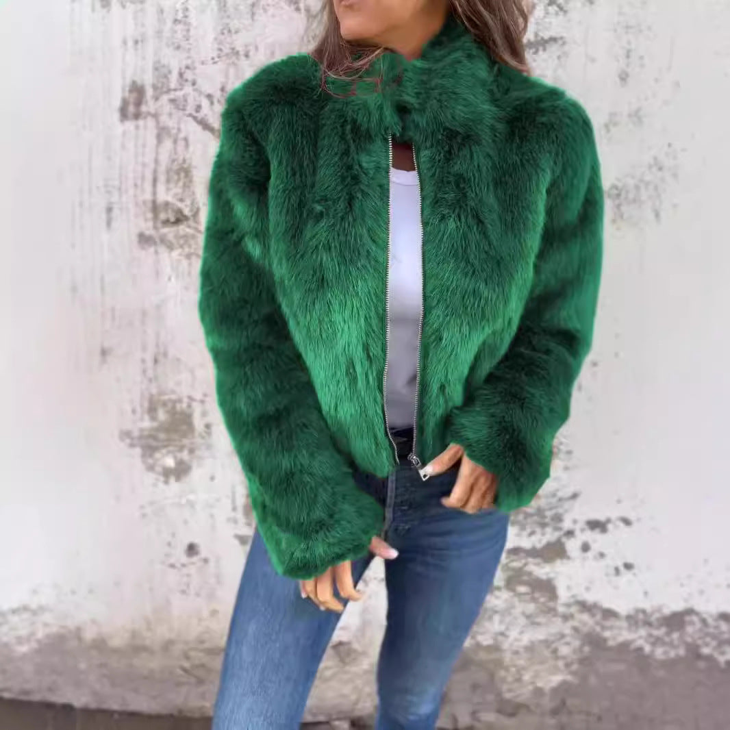 Fashion Stand Collar Plush Jacket Winter Casual Turtleneck Zipper Coat Fleece Tops Women's Clothing Accent Plus