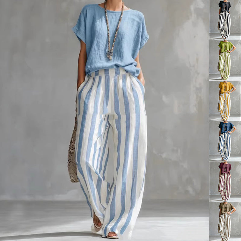 Short-sleeved Trousers Suit Summer Fashion Round Neck Pullover T-Shirt And Striped Print Straight Leg Pants Two-Piece Clothing For Women LadyShow.Store