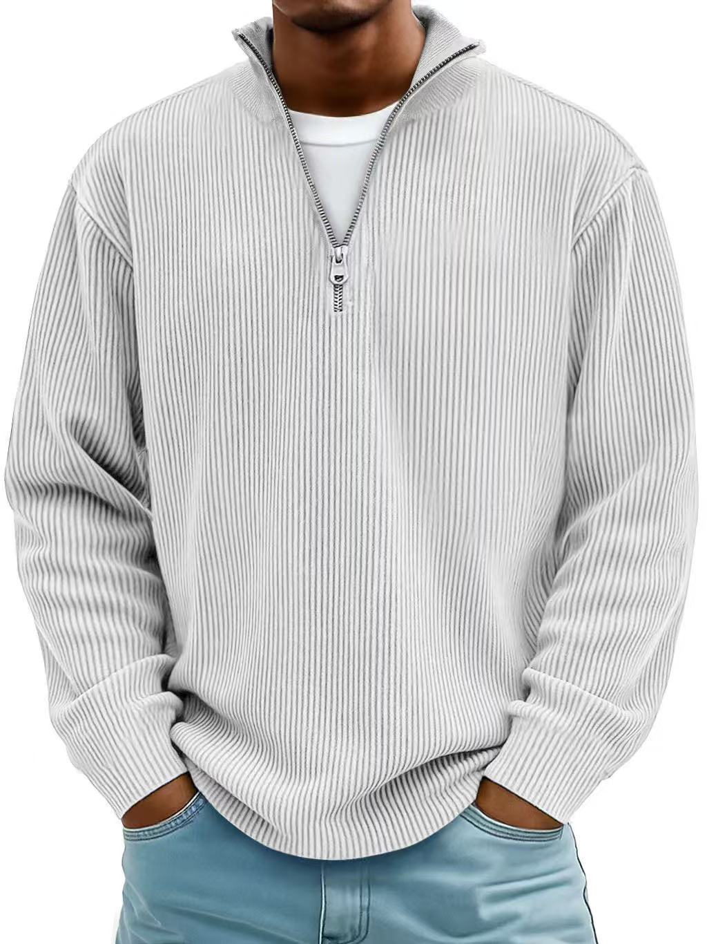 Corduroy Zipper Stand Collar Sweatshirt Fashion Warm Solid Color Long Sleeve Top Men's Casual Polo Shirt Clothing Best YouTube Store