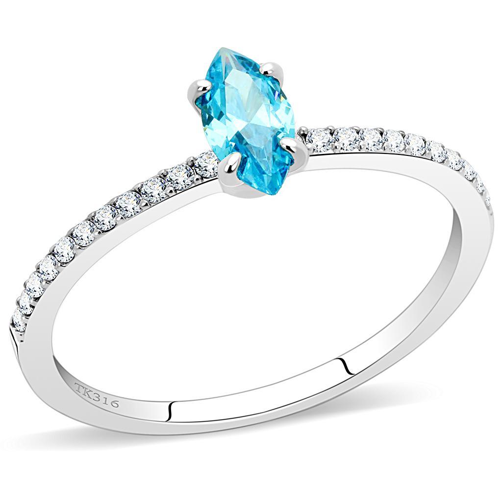 DA034 - High polished (no plating) Stainless Steel Ring with AAA Grade CZ  in Sea Blue Alamode