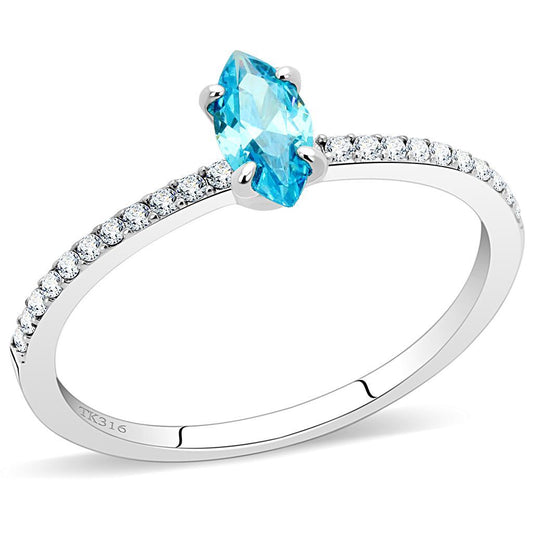 DA034 - High polished (no plating) Stainless Steel Ring with AAA Grade CZ  in Sea Blue Alamode