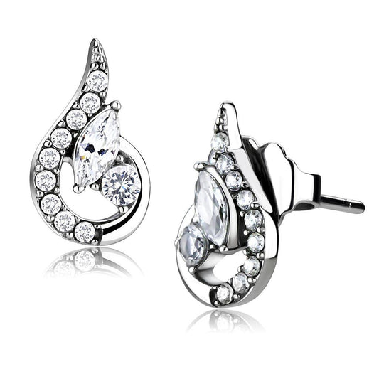 DA074 - High polished (no plating) Stainless Steel Earrings with AAA Grade CZ  in Clear-0