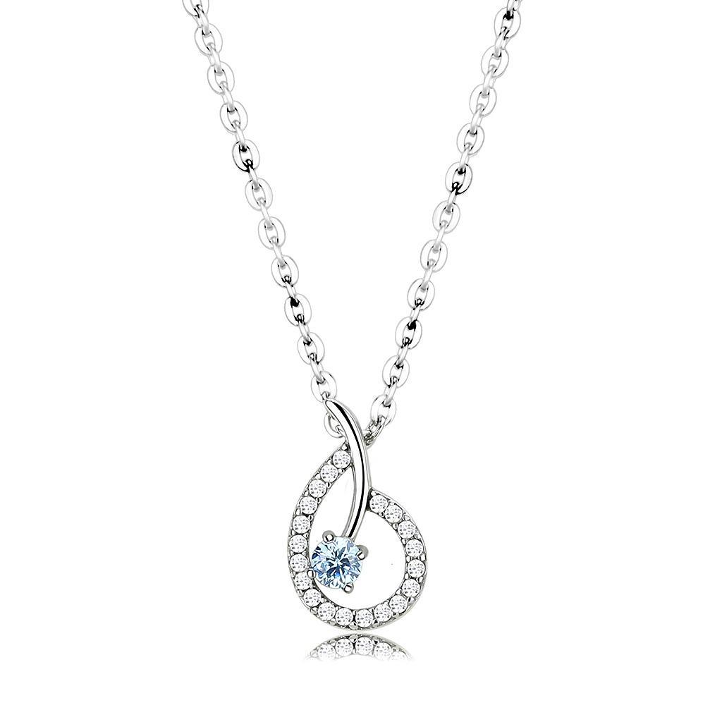 DA090 - High polished (no plating) Stainless Steel Chain Pendant with AAA Grade CZ  in Sea Blue Alamode