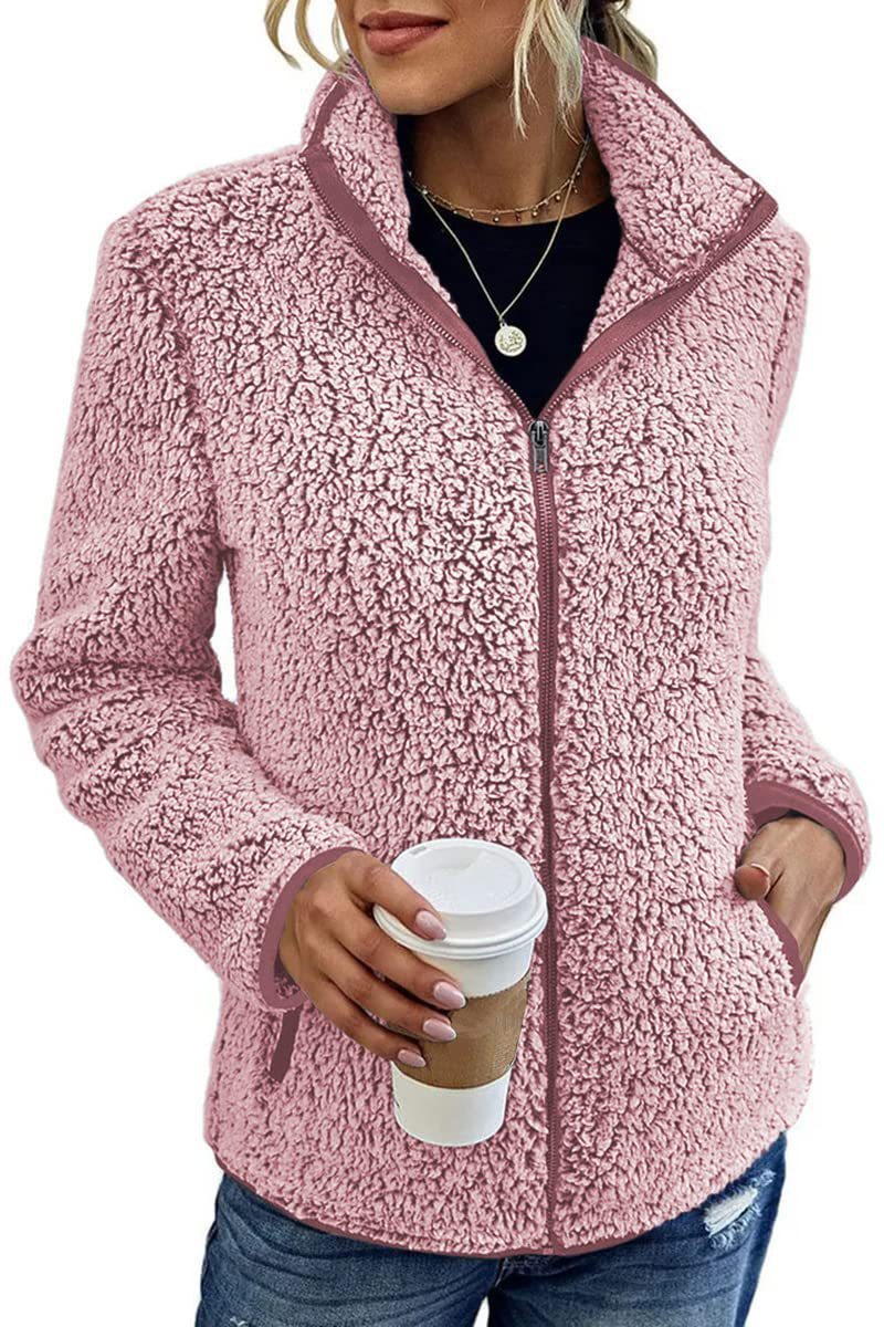Fall Winter Warm Sweatshirt Stand Collar Solid Color Top Sweater Women's Casual Fashion Long Sleeve Zipper Bubble Velvet Coat Tops Best YouTube Store