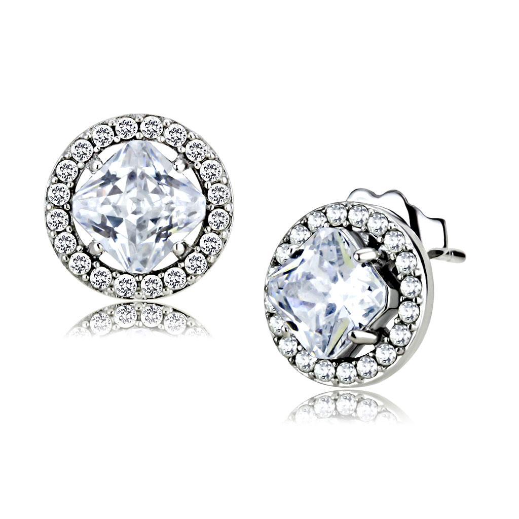 DA295 - High polished (no plating) Stainless Steel Earrings with AAA Grade CZ  in Clear-0