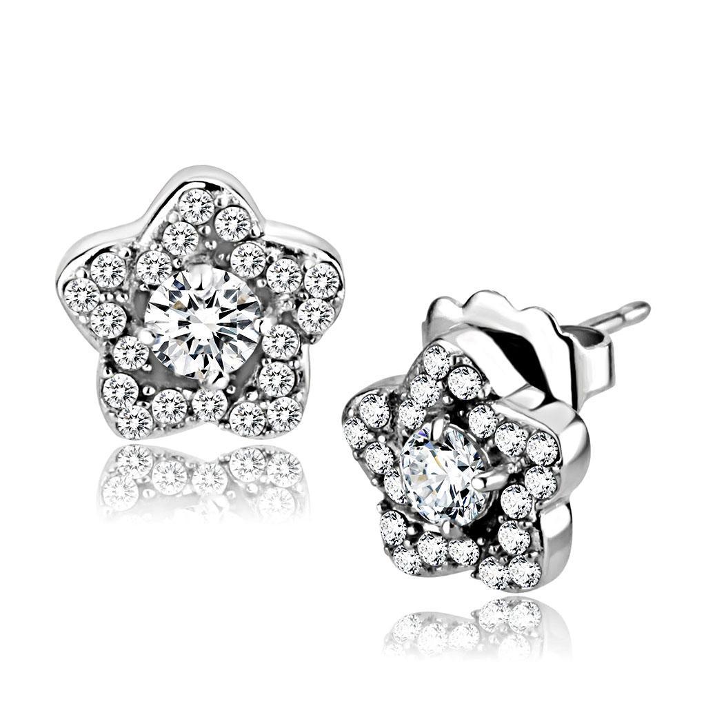 DA297 - High polished (no plating) Stainless Steel Earrings with AAA Grade CZ  in Clear-0