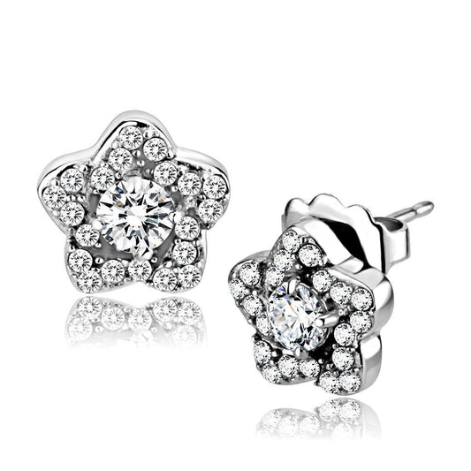 DA297 - High polished (no plating) Stainless Steel Earrings with AAA Grade CZ  in Clear-0