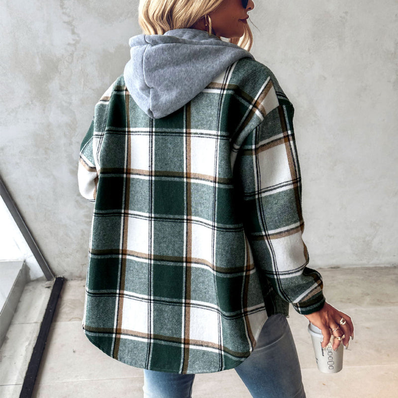Plaid Hooded Jacket Fashion Casual Button Pocket Coat Autumn And Winter Women's Clothing Accent Plus