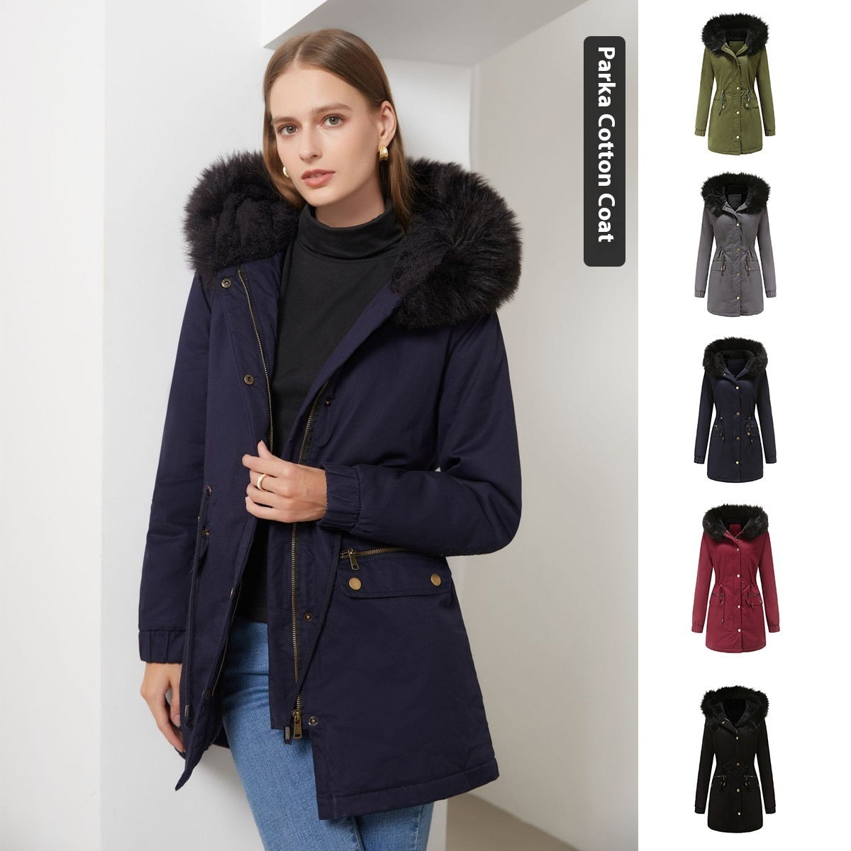 Women's Mid-length Fur Collar Coat Parker Cotton-padded Coat LadyShow.Store