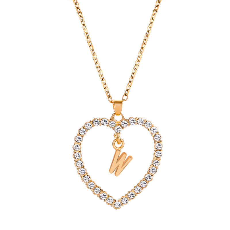 Womens Stylish & Minimalist Diamond-Encrusted 26-Letter Heart Pendant Necklace Best YouTube Store