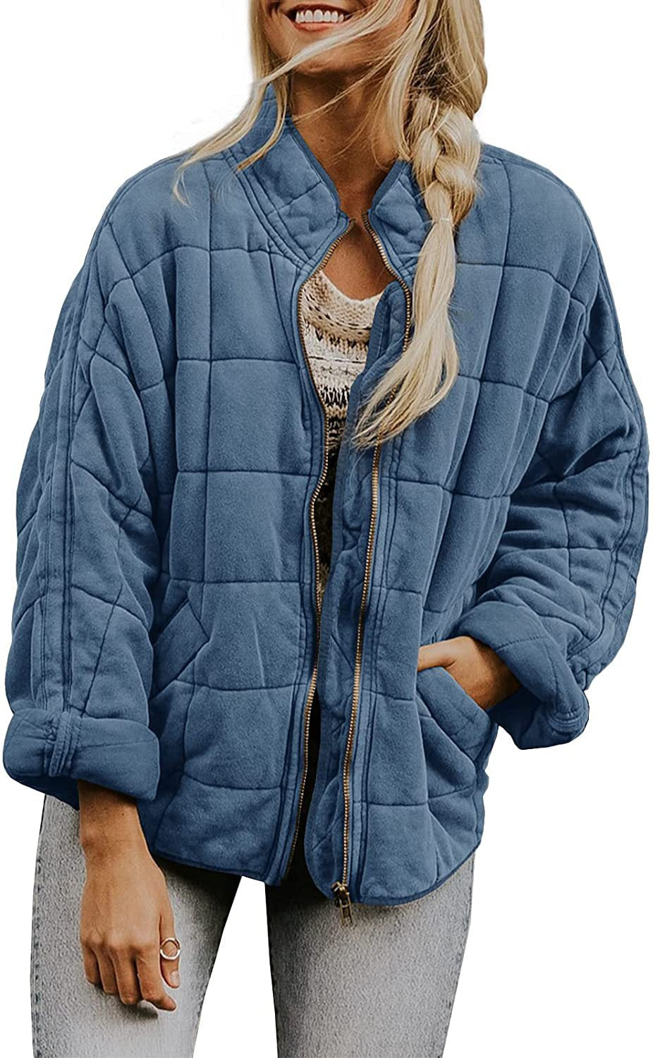 Winter Zip-up Stand Collar Coat With Pockets Fashion Solid Color Plaid Long Sleeved Jacket Women's Clothing LadyShow.Store