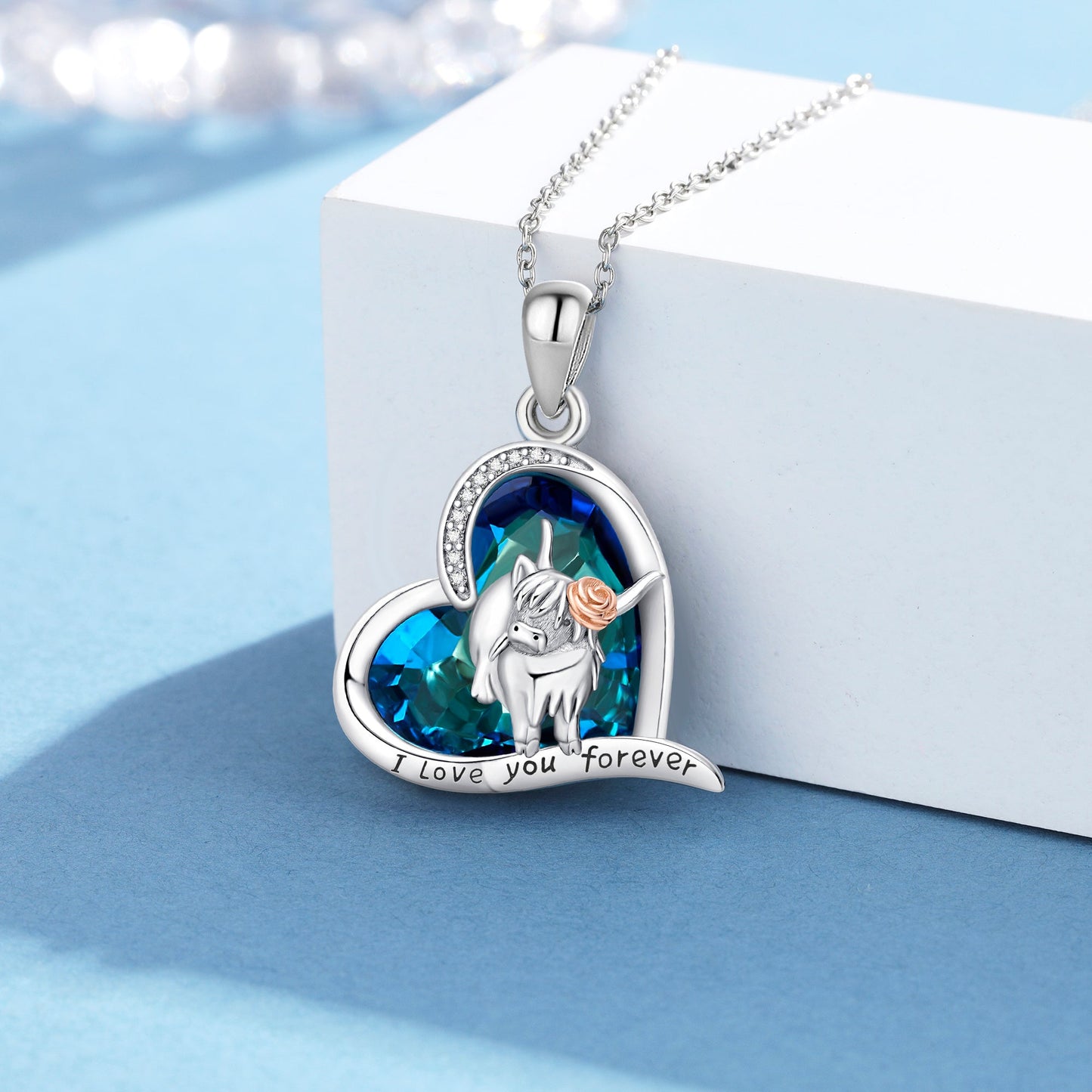 925 Sterling Silver Highland Cow Blue Crystal Heart Cow Pendant Necklace LadyShow.Store