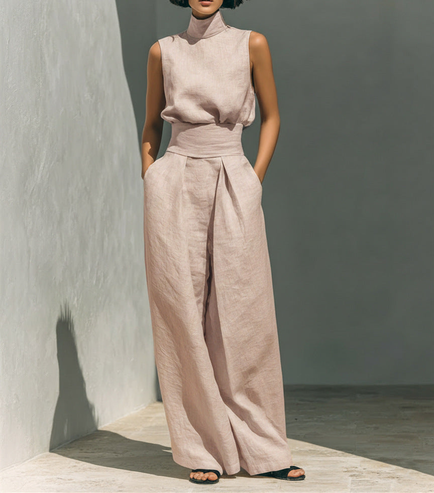 Casual Sleeveless Suit Summer Stand-up Collar Pullover Top And Loose Straight-leg Trousers Women's Clothing LadyShow.Store