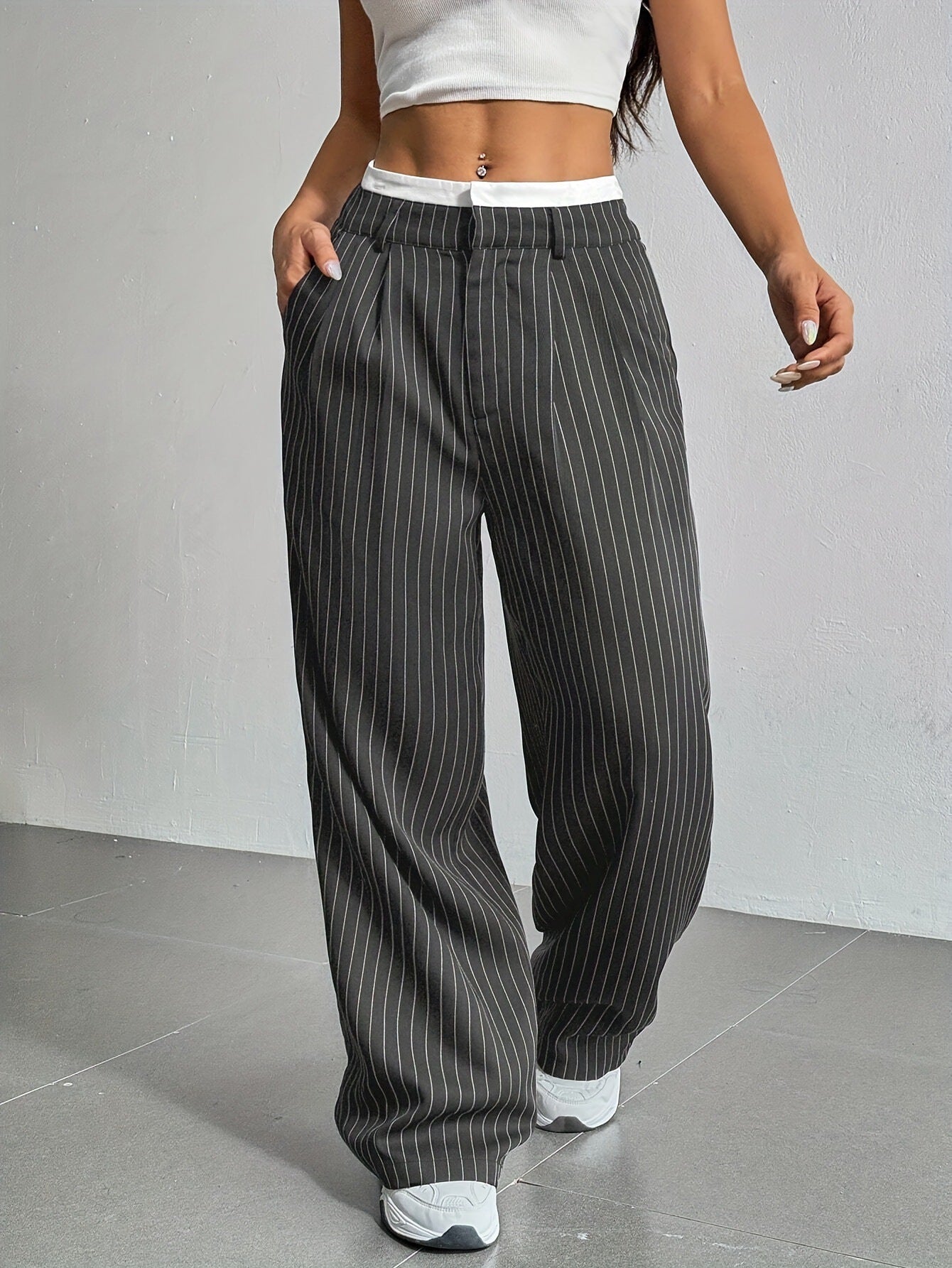 Stripe Printed Trousers Fashion High Waist Straight Leg Pants With Pocket Zipper Casual Suit Pants For Women LadyShow.Store