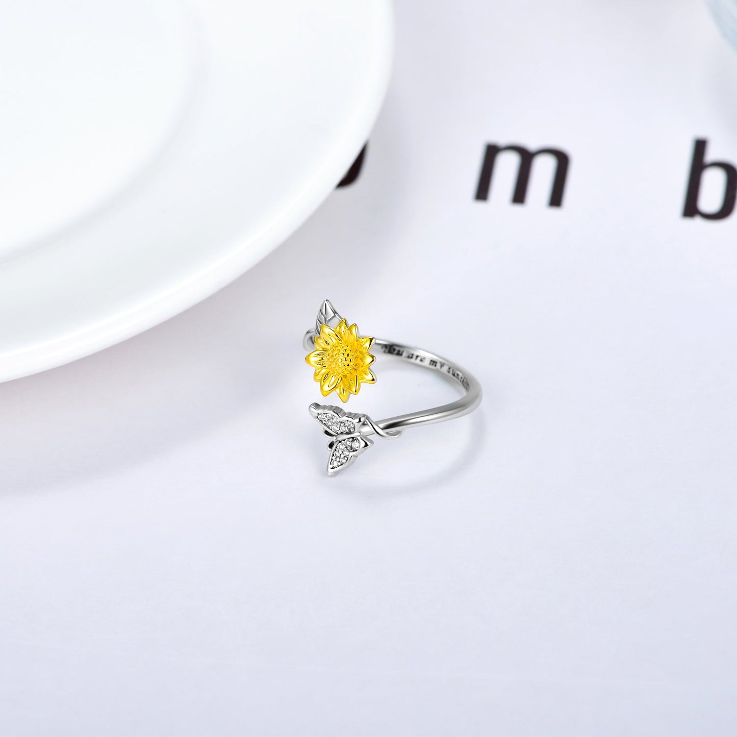 You Are My Sunshine Sunflower Butterfly Ring in Sterling Silver LadyShow.Store