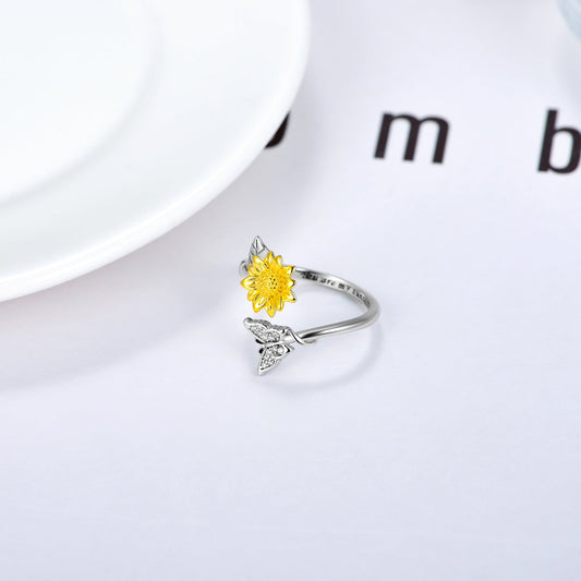 You Are My Sunshine Sunflower Butterfly Ring in Sterling Silver LadyShow.Store