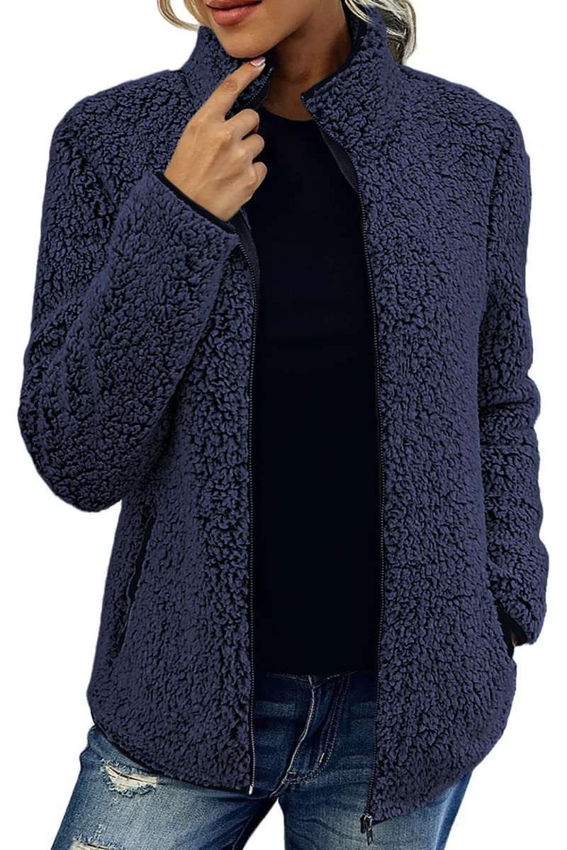 Fall Winter Warm Sweatshirt Stand Collar Solid Color Top Sweater Women's Casual Fashion Long Sleeve Zipper Bubble Velvet Coat Tops Best YouTube Store