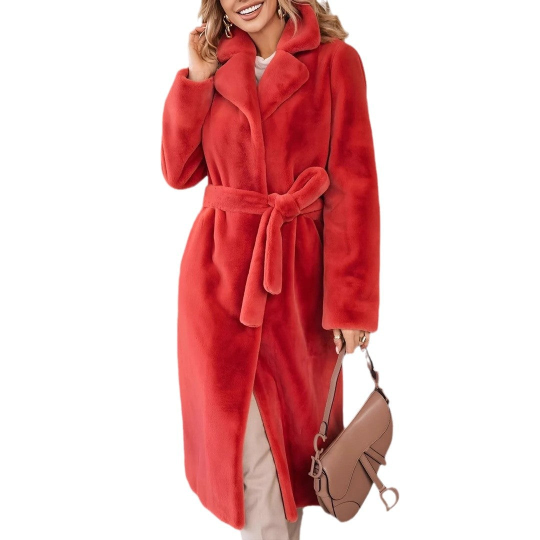 Women's Fashionable Elegant Lace-up Turn-down Collar Plush Long Coat Accent Plus