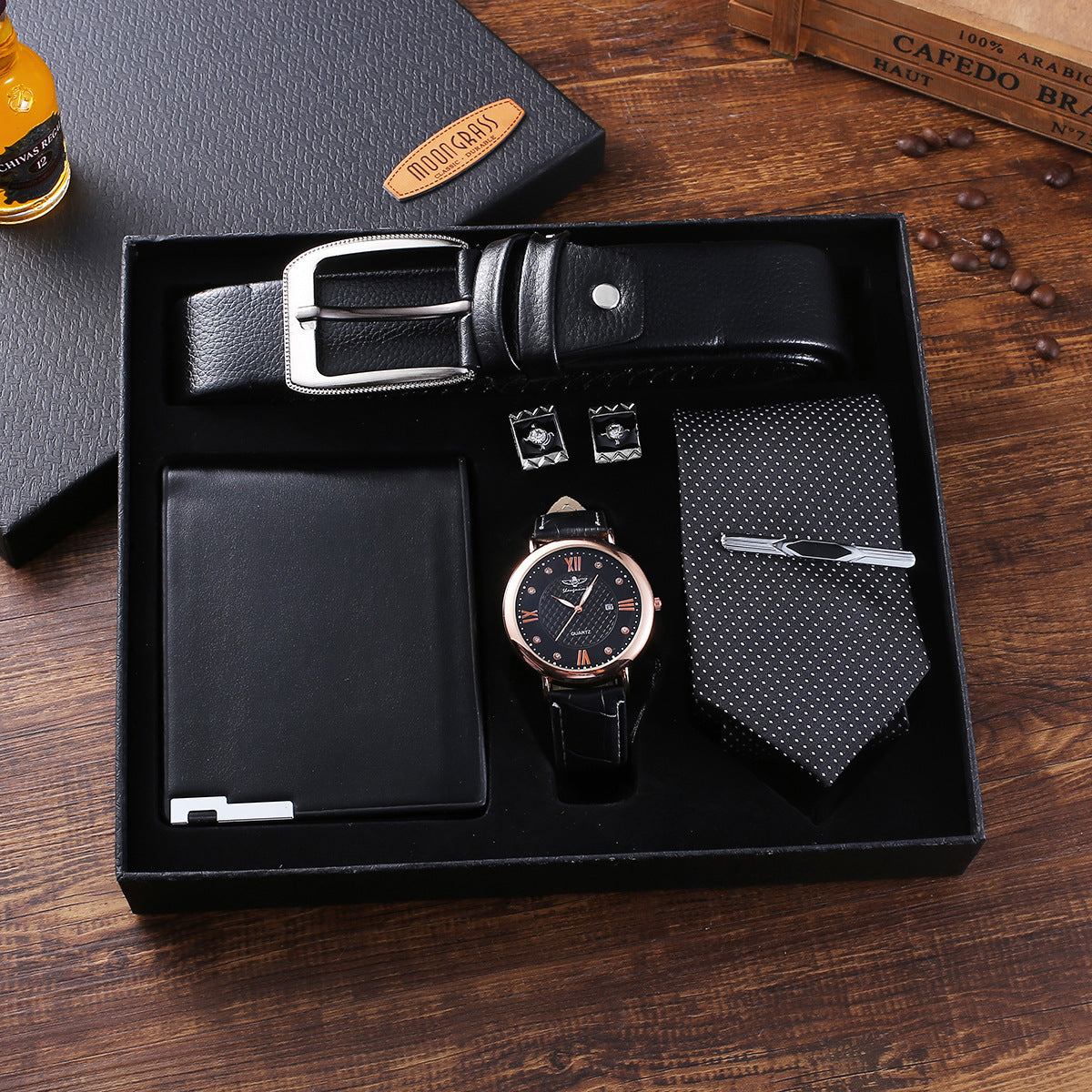 5pcs Set Boutique Gift Belt Wallet Tie Large Dial Quartz Watch Cufflinks Best YouTube Store
