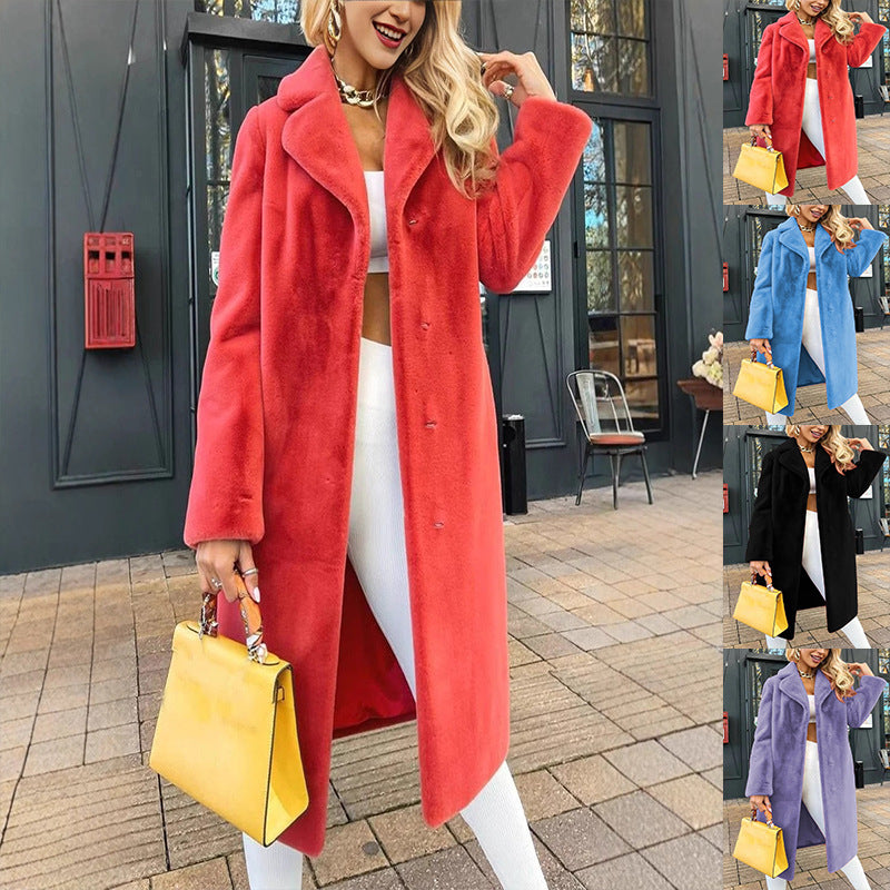 Women's Fashionable Elegant Lace-up Turn-down Collar Plush Long Coat Accent Plus