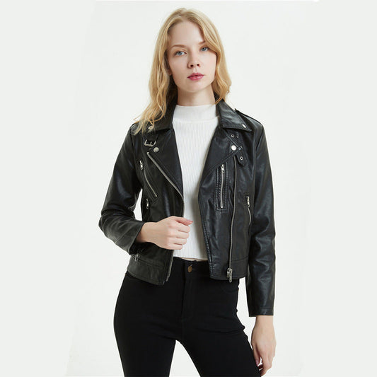 Women's PU Leather Motorcycle Jacket - European & American Style Short Biker Jacket (Black/White, Sizes S-XL LadyShow.Store