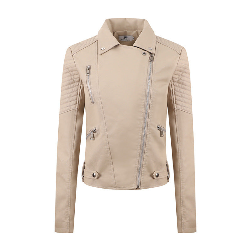 Women's Distressed PU Motorcycle Jacket - Slim Fit Biker Coat with Adjustable Belt (Black/Chocolate/Wine Red/Milky White, M-XXL) LadyShow.Store