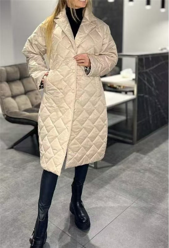 Winter Rhombus Stitching Coat Warm Solid Color Pocket Lapel Long Jacket Women's Clothing LadyShow.Store