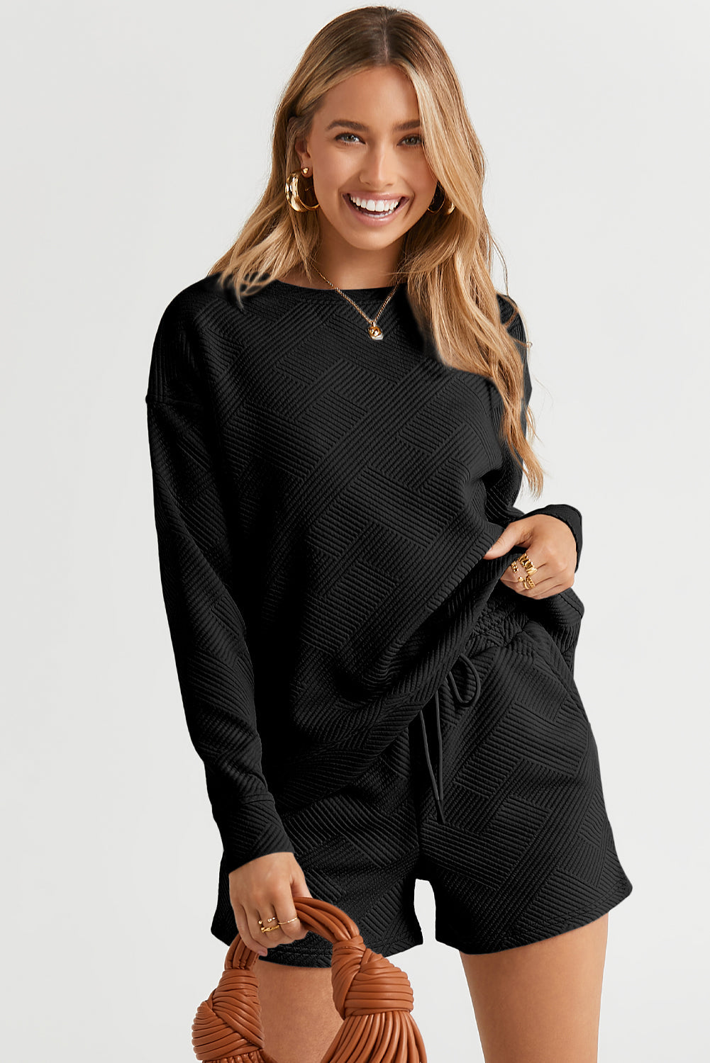 Adalyn Textured Long Sleeve Top and Drawstring Shorts Set-3