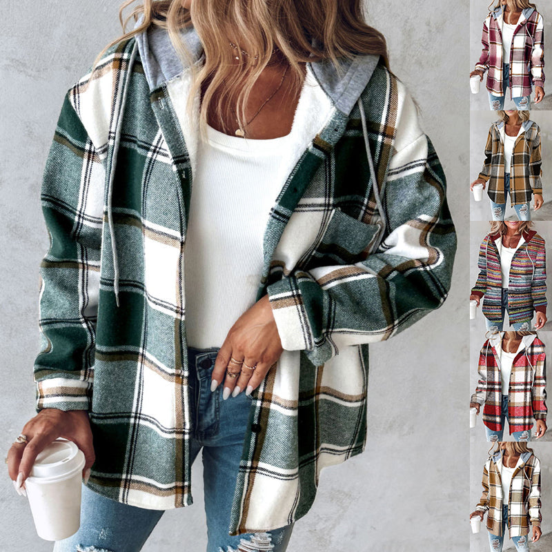 Plaid Hooded Jacket Fashion Casual Button Pocket Coat Autumn And Winter Women's Clothing Accent Plus