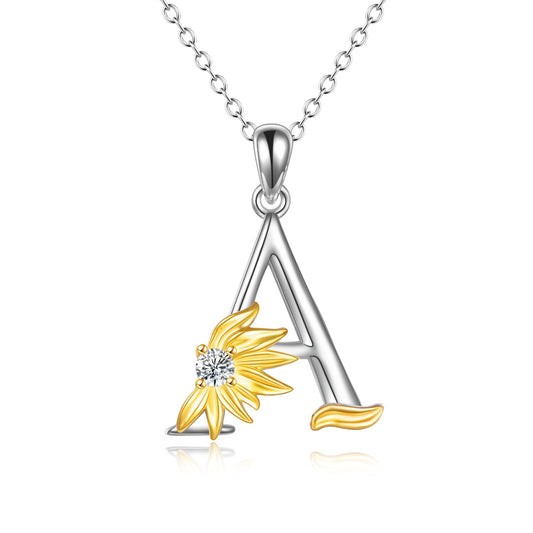 Sterling Silver Initial Alphabet Sunflower A Letter Script Name Pendant Necklace LadyShow.Store